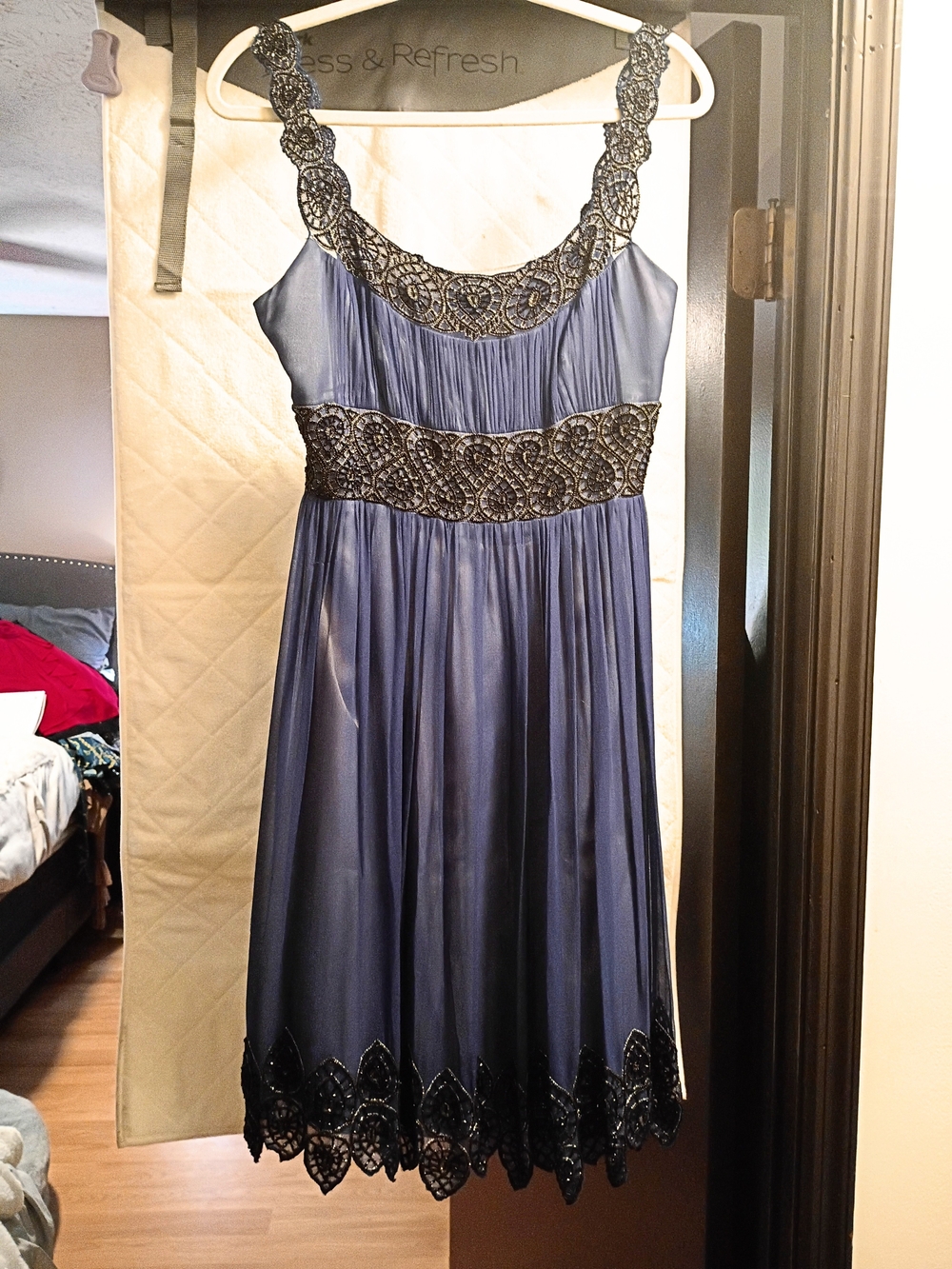 Adrianna Papell Embellished Navy Evening Dress with Beaded Accents Like New